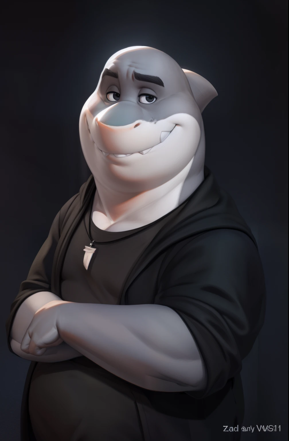 mr shark, plump, fat, belly, black eyes, (pose:1.3), (posing:1.3), (soft shading), 4k, hi res, five fingers, detailed hands, ((detailed face, (detailed eyes:1.0), detailed)), (full body), by zackarry911, by zaush, (by personalami:0.5),  looking at viewer, ...