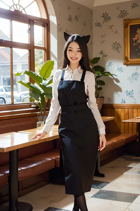 A girl wearing a cat costume works as a waitress at a cafe.、Standing by a glass table in a cafe with a marble floor. Full body, The walls are covered with white and black geometric wallpaper. There is a bay window that lets in sunlight., creating a cozy at...