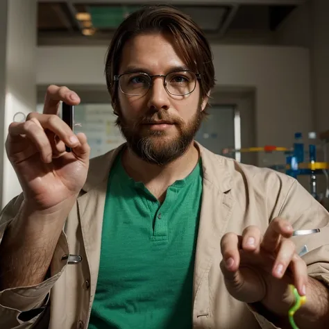 (a scientist, man, brown hair, beard, lab coat, glasses, reaching out, dissolving hand, pixels), (realisttic), (portrait, scientist), (vivid colors, sharp focus)