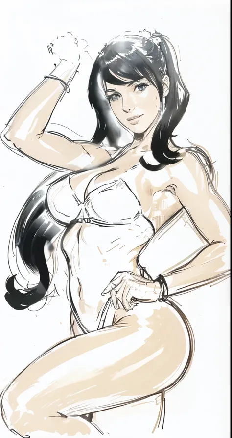 A drawing of a woman in a bikini posing for a photo, Nico Robin, hands behind her body pose!, Tifa Lockheart glamourosa, Retrato sedutor de Tifa Lockhart, Tifa lockheart, Tifa, Tifa Lockhart, Retrato de Tifa Lockhart, sketchy artstyle, cel sombreado!!!, ha...