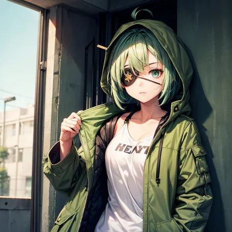 a girl with medium length green hair with an eyepatch over her right eye in a parka jacket