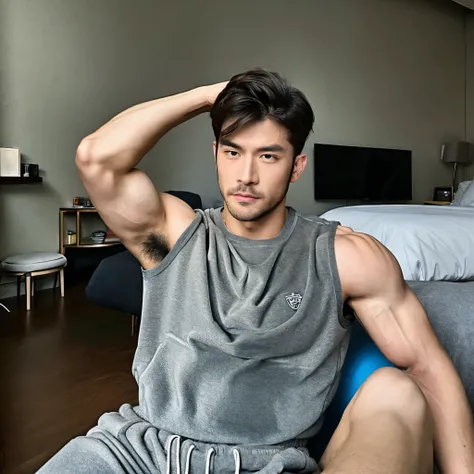 Muscular guy, gray eyes, short and messy black hair, workout shirt, sweatpants, large chest, chiseled face, abs, stern face, many tattoos on muscular biceps, luxurious apartment in background