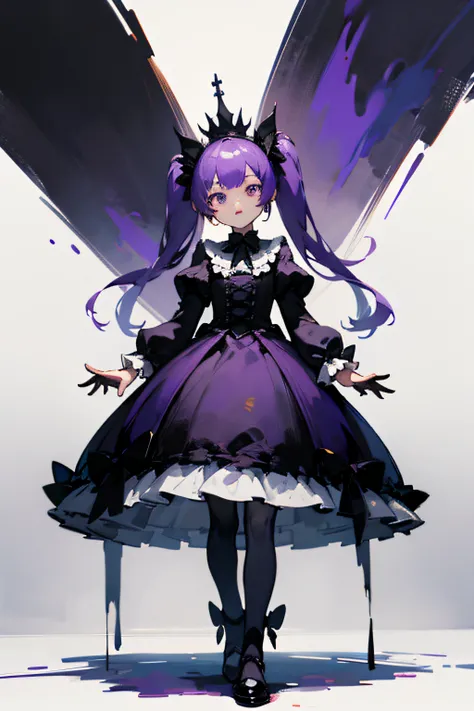 purple color  hair、small crown、Twin-tailed、White background、No background、Vtuber、Gothic lolita、Clothes are black、Painting on the front、directly in front、Standing picture on the front、Reach straight down、standing straight、standing at front、front view front ...