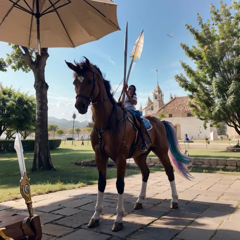 Chico montando un unicornio con corona y con una espada con pajaros alrededor