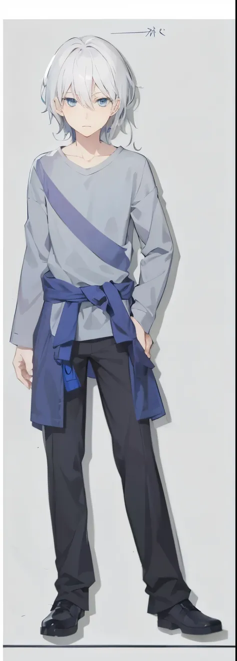 Anime boy with white hair and a gray shirt, inspired by Kamisaka Sekka, tall anime guy with blue eyes, inspired by Okumura Togyu, kaworu nagisa, shuushuu anime image, single character full body, tsubasa nakais style, masamune shiro, as an anime character, ...