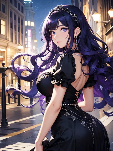 A beautiful woman with long curly violet hair, drill curls, side bangs, sharp blue eyes, light skin, wearing a sparkly black dress, black headband, and pearl necklace, inside of a fancy building, night time.