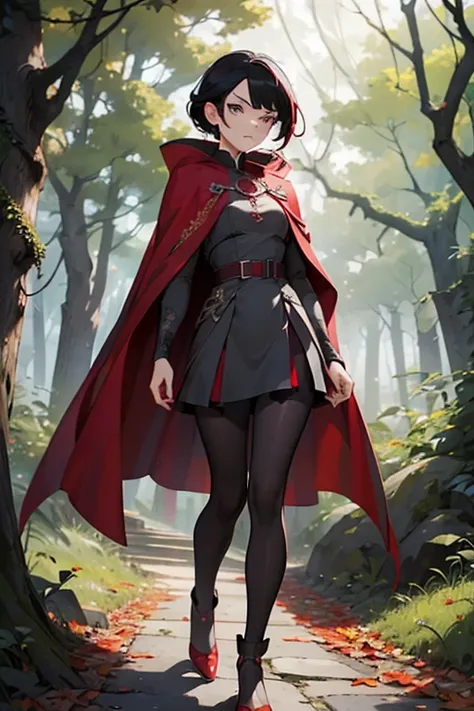 (masterpiece), (best quality), HDR, intricate detail, (ruby rose, red cape, pantyhose, gradient hair, black hair, grey eyes), (Haute_Couture), looking at viewer, walking through forest