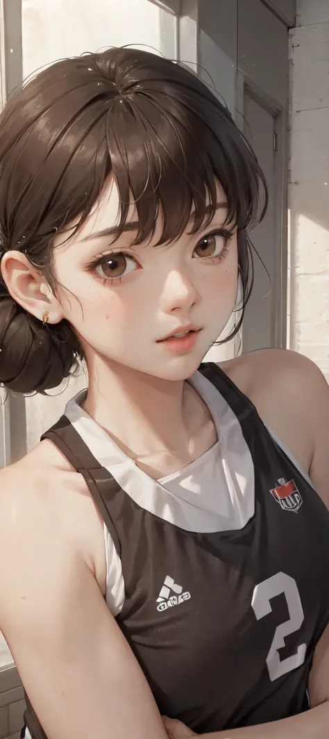 1lady solo, /(volleyball uniform/), /(dark brown hair/) bangs, shy, (masterpiece best quality:1.2) delicate illustration ultra-detailed, BREAK /(volleyball court indoors/)