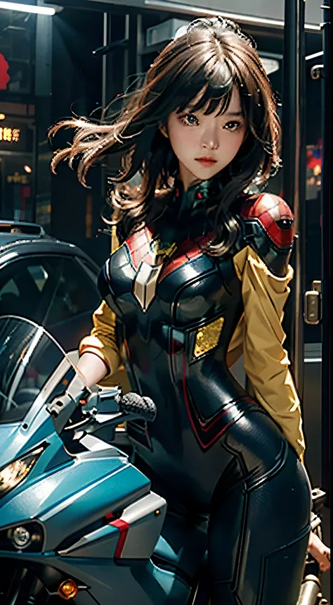 The highest image quality、Exceptional detail、超A high resolution、(真实感:1.4)、The best illustrations、Favor the details、Highly condensed 1girl、delicate and beautiful face、Dressed in blue and yellow mechs、Wearing a mecha helmet、Has a direction controller、Riding ...