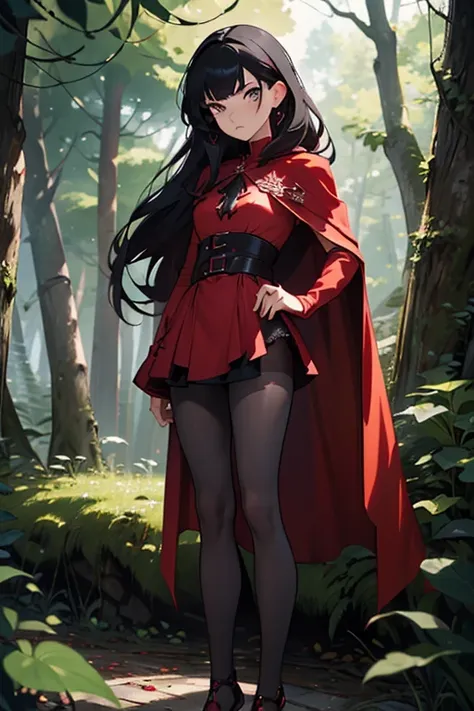 (masterpiece), (best quality), HDR, intricate detail, (ruby rose, red cape, pantyhose, gradient hair, black hair, grey eyes), (Haute_Couture), looking at viewer, standing in forest