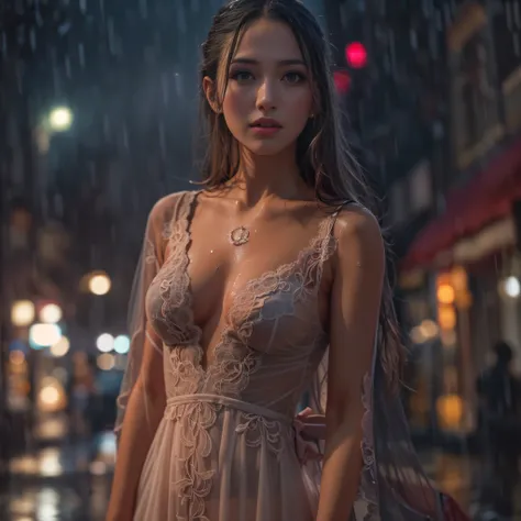 ((Best quality, 8k)), lace maxi dress, standing in the rain, red light district, highly detailed face and skin texture, detailed eyes, wet dress, wet body