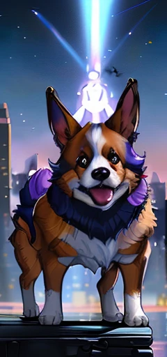 cartoon dog with a purple fur standing on a ledge in front of a city, furry character portrait, fursona art, furry art, full protrait, avatar image, fursona furry art commission, corgi with [ angelic wings ]!!, anthro art, masterpiece portrait, furry art!!...