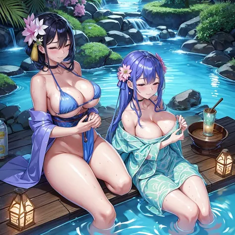 natta，The air is filled with the heat of natural hot springs，One is plump、Beautiful woman sitting in hot spring，Enjoy the comfort brought by hot springs。Her body is surrounded by warm water，The yukata hangs loosely on the body，Half a shoulder exposed。Her s...