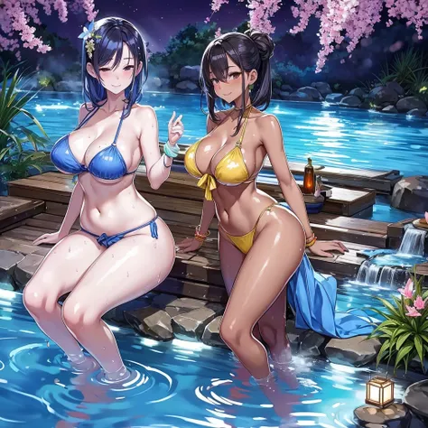 natta，The air is filled with the heat of natural hot springs，One is plump、Beautiful woman sitting in hot spring，Enjoy the comfort brought by hot springs。Her body is surrounded by warm water，The yukata hangs loosely on the body，Half a shoulder exposed。Her s...