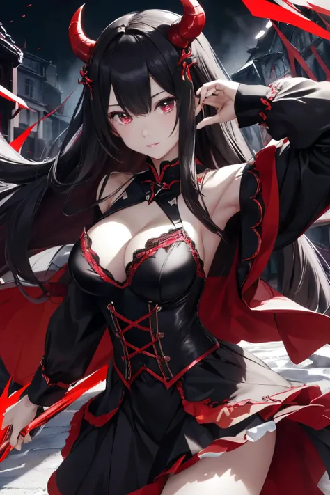 ((Best Quality,8k,4k)), ((masutepiece)), (ultra-detailliert), （细致背景）（Perfect face）、Perfect style、demon queen、２０age、Cool Face、black gothic dress、Black long hair、Red eyes、stand in the demon world、grand background、devil princess、perfect hand、The style of a ch...