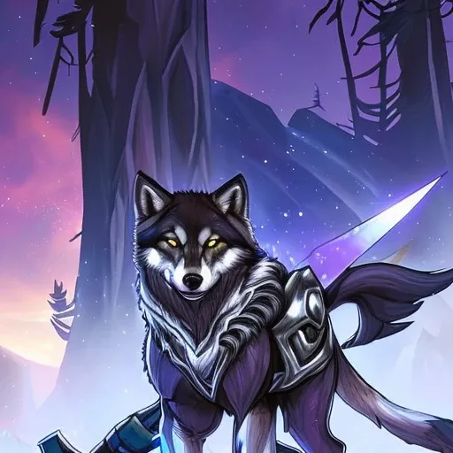 a close up of a wolf with a gun in its hand, husky in shiny armor, dark fox mage, wolf armor, from league of legends, furry fantasy art, official splash art, fenrir, astri lohne, an anthropomorphic wolf, good boy giant mecha wolf hound, style of duelyst