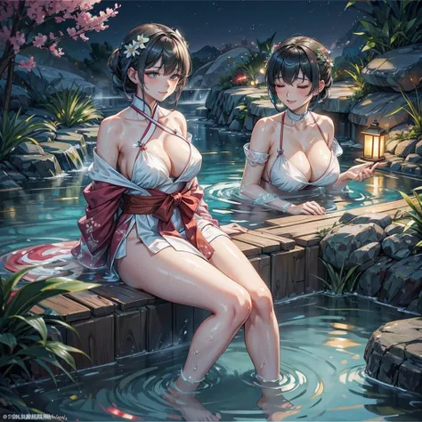 the night，The heat of natural hot springs fills the air，One is plump、Beautiful woman sitting in hot spring，Enjoy the comfort brought by hot springs。Her body is surrounded by warm water，The yukata is hung loosely around the body，Half a shoulder exposed。Her ...