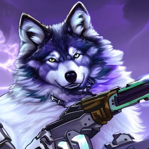 a close up of a wolf with a gun in its hand, husky in shiny armor, dark fox mage, wolf armor, from league of legends, furry fantasy art, official splash art, fenrir, astri lohne, an anthropomorphic wolf, good boy giant mecha wolf hound, style of duelyst