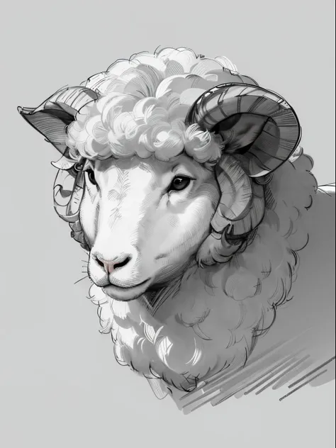 Line drawing background, white backgrounid, Mono Color, a line drawing, ((a sketch)),Sheep portrait，