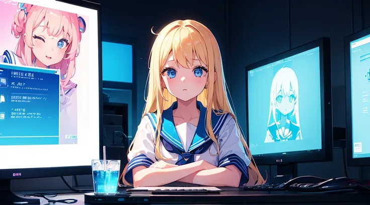 (2 girls, blonde hair, blue eyes, sailor suit, kawaii, meeting), (blue cyberpunk, room with big monitors, blue neon)