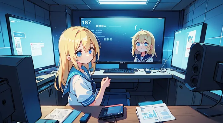 (2 girls, blonde hair, blue eyes, sailor suit, meeting), (blue cyberpunk, room with big monitors, blue neon)