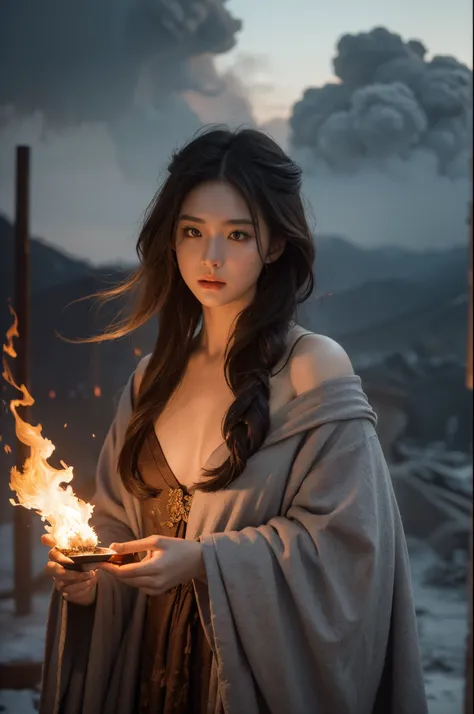 priestess body made out of ash cloud with burning nimbus, perfect fiery photography by Mark Mann, Wlop, Albrecht Dürer, wlop, muted wet colors, intricate detailed, stunning, fire, smoke, beautiful, cloudy, fluffy, static charge, sacral portrait, artistic m...