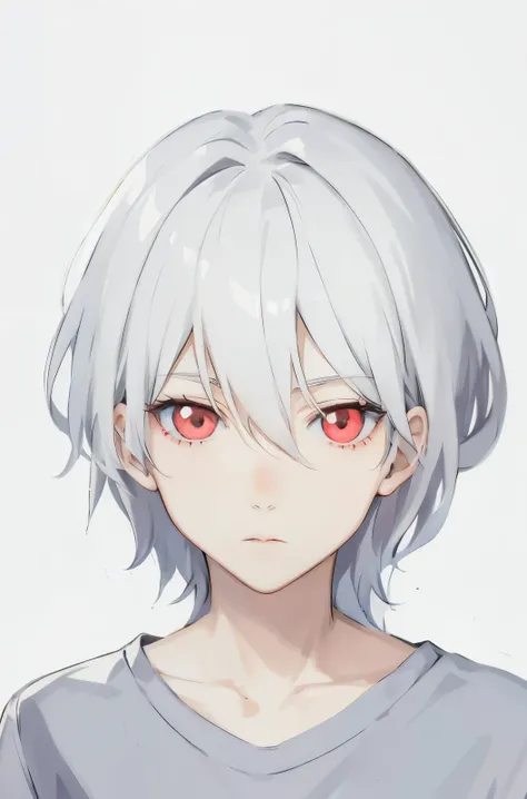 anime white hair boy with red left eyes and white right eyes, with different eyes color,