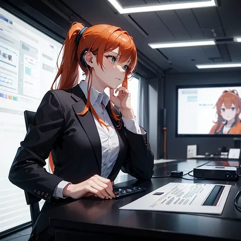 Woman with、A dark orange-haired、long ponytail, sitting infront of desk, headphone with microphone, sitting infront of giant screen, business suit