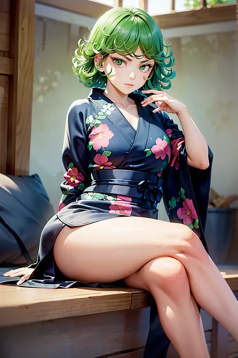 (masterpiece, best quality:1.2), 独奏, 1girl, tatsumaki, unamused, closed mouth, looking a viewer, hand on our face, sitting, shor...