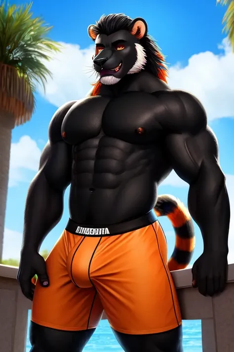 Un hombre tigre (furro cuerpo completo), musculoso de ojos azules claros y pelaje naranja con rayas negras, altamente detallado a maxima calidad, con grandes pectorales sin ropa, usando un boxer negro ajustado marcando su gran pene, altura de 1.80, con una...