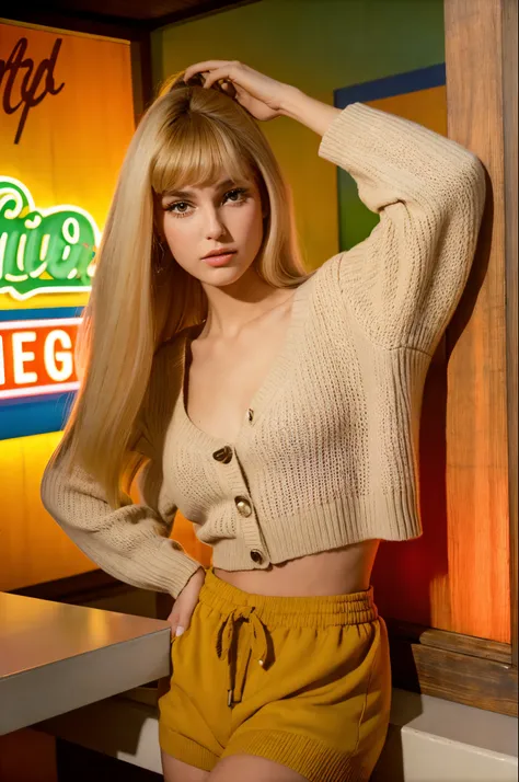 full shot, a beautiful honey blonde wearing vintage 1960s shorts and sweater top, sixtieshighfashion, 1960s hairstyle, medium br...