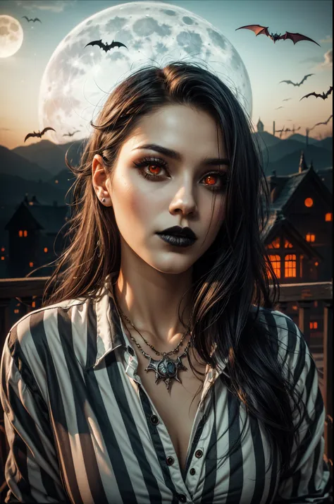 arafed woman with long hair and a striped shirt looking at the camera,(masterpiece),(vampire),(unrivalled quality:1.4), ultra-hi...