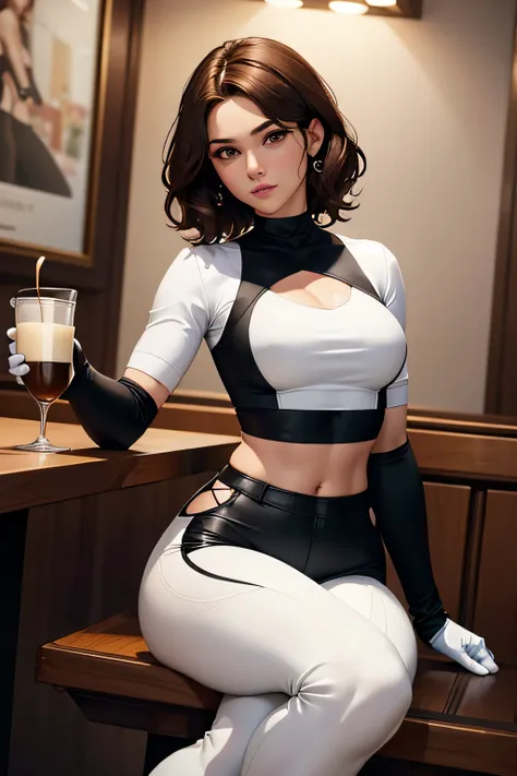 masterpiece, best quality, black pants, white tight shirt with a midriff cutout, looking  in love at viewer, wavy hair, brown hair, short hair, age 22, high legs, boots, gloves, fancy restaurant, muscular, beautifully face, no spots, dynamic pose, sitting ...