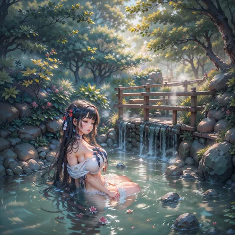 natta，The air is filled with the heat of natural hot springs，One is plump、Beautiful woman sitting in hot spring，Enjoy the comfort brought by hot springs。Her body is surrounded by warm water，The yukata hangs loosely on the body，Half a shoulder exposed。Her s...