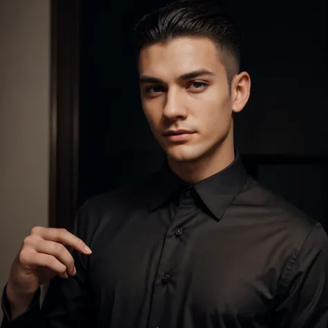 highly detailed young man, highly detailed black dress shirt, highly detailed black tie, very short black hair shaved on the sides with highly detailed gradient