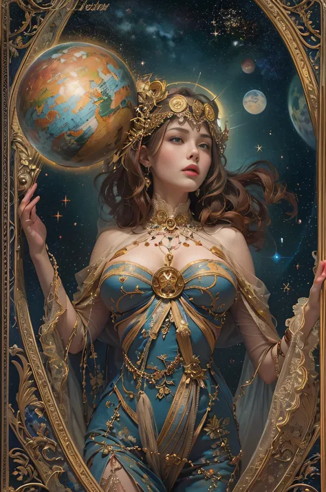 ((best quality)), ((masterpiece)), (detailed), perfect face, tarot card, galaxy woman, nsfw, big brests, nudes, holding planet