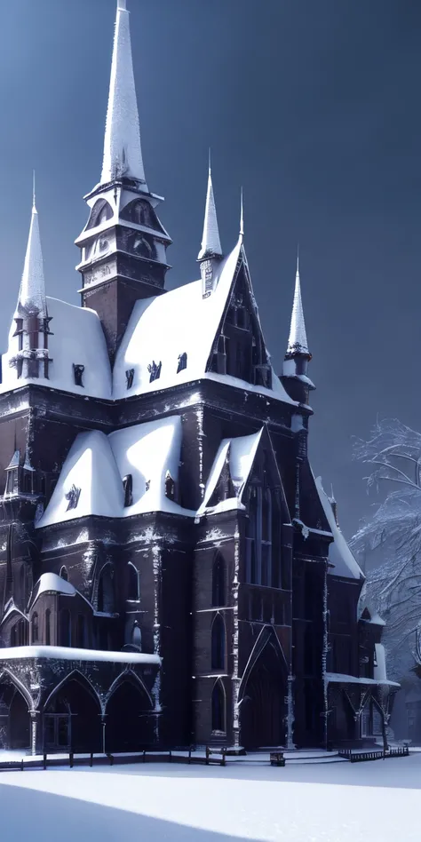 Detailed ambient , snowy , A fantasy old gothic buildings in the snow , dark ambience