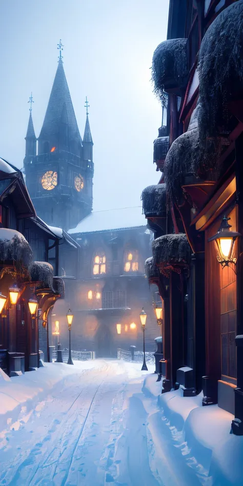 Detailed ambient , snowy , a fantasy street with old gothic victorian buildings in the snow , dark ambience