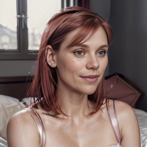 (Claire danes:1.5) sitting on a bed (dark red hair with bangs), (bulbous nose:1.5) (large mouth), (wide smile), (Closed lips:1.5), (Claire Danes), sexy, (full lips),  (Claire Danes), legs, (wide smile) (50 years old:1.6) (realistic) (natural skin) (texture...