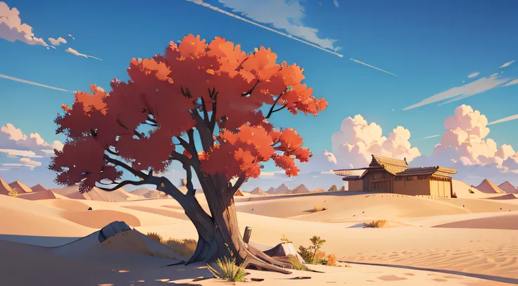 (illustrations : 1.0), photorealistic lighting, HD detail, 夏天, desert, sand, daytime, clouds, overcast, 12pm,  Dead wood