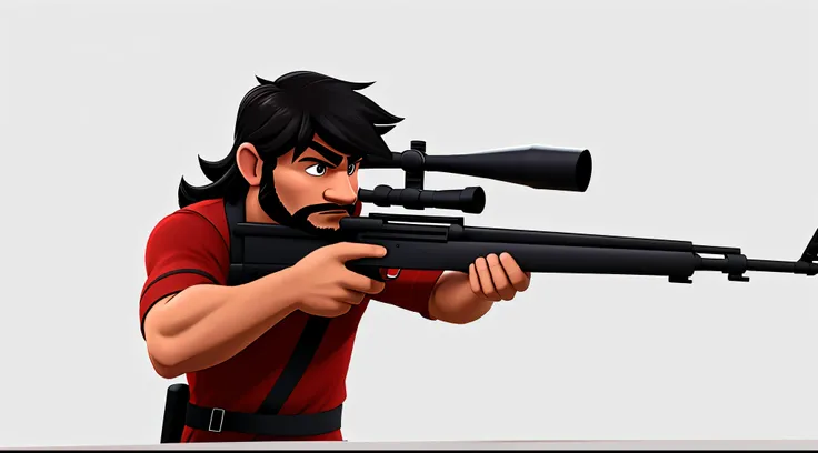 1 Man solo, solo.he has a short black beard and he has black flowing hair. Wearing red. aiming a sniper rifle. white background