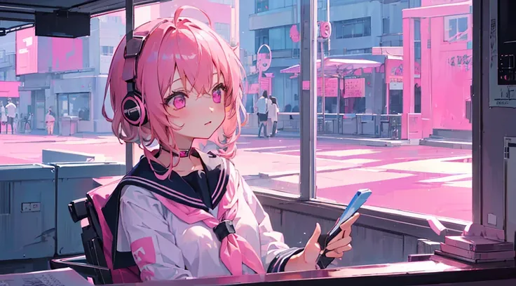 (1 girl, pink hair, pink eyes, sailor suit, headphone, studying, kawaii), (pink cyberpunk, room with big window, pink neon)