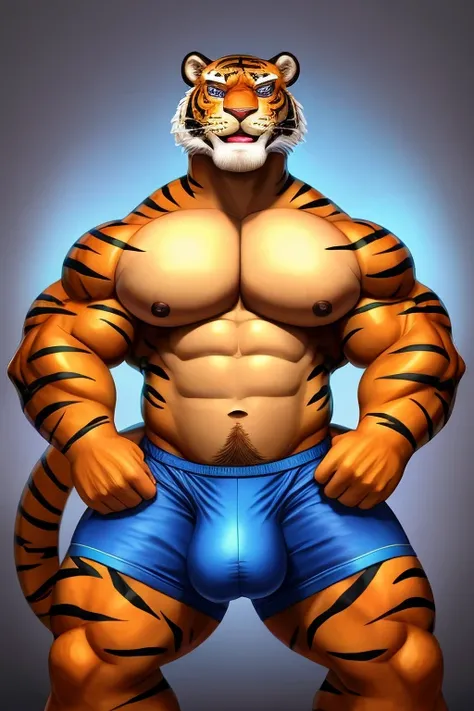 (obra maestra:1,3) foto de un hombre tigre musculoso de grandes pectorales, alta mente detallado y definido, con ojos azules claros y una sonrisa coqueta, full body without any type of clothing, more than a tight black boxer marking his big 20 CM penis, ca...