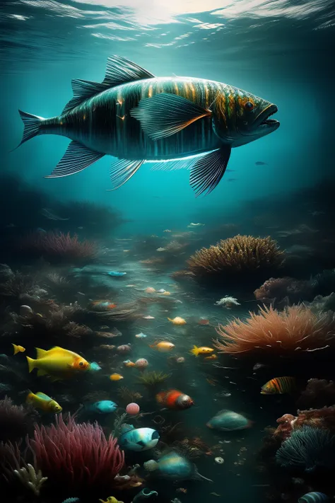 Mutated fish, water art manipulation, Light manipulation, Surrealist digital artwork, author：joseph mary wayne, photo manipulation, surreal water art, heavily polluted，Unknown，Deep sea floor，lots of garbage