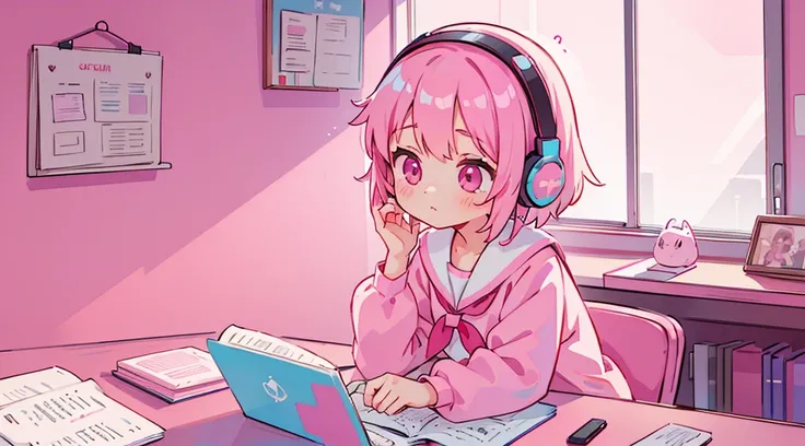 (1 girl, pink hair, pink eyes, sailor suit, headphone, studying), (pink cyberpunk, room with big window, pink neon)