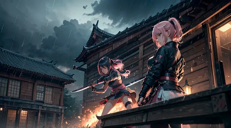 (((Three girls duel))) A blonde hair female samurai, fighting with her sword against a short black hair female Ninja, and a pink hair Chinese girl is fighting with both girls too, they are all fighting against each other on the roof of an old train, dark c...