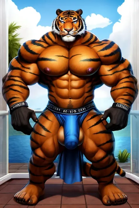 (obra maestra:1,3) foto de un hombre tigre musculoso de pelaje esponjoso anaranjado con rayas negras de grandes pectorales, alta mente detallado y definido, con ojos azules claros  y una sonrisa coqueta, full body without any type of clothing, more than a ...