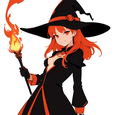 (masutepiece, Best Quality),((Flat color)), 1 girl , Witch Girl, pixiv style, Detailed beautiful eyes, Small breasts, Smile , fire element,loimu,  Dynamic