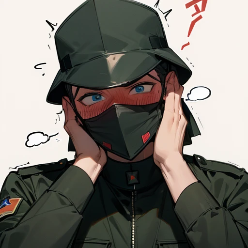 Masked military man Jerking off, sweaty, intense, blushing, embarrassed,