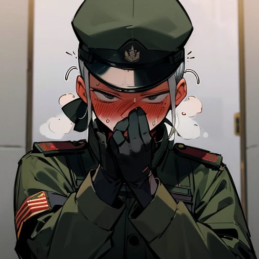 Masked military man Jerking off, sweaty, intense, blushing, embarrassed,